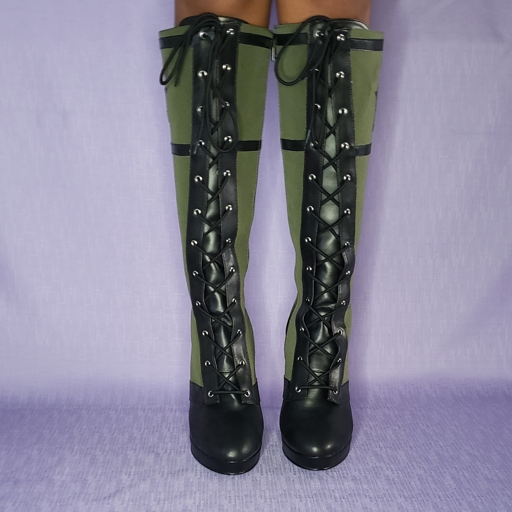 Size 11 PU and Canvas Army Green Knee High Boots